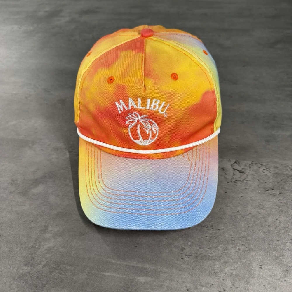 Malibu Coconut Rum Liquor SnapBack Hat Tie‎ Dye Orange Blue Nylon Rope Trucker
